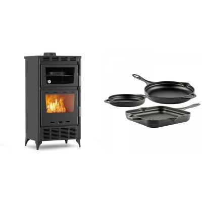 Set Kaminofen, Holzofen mit Backfach Velmora Fire ATS 90-30 ΜΑSΙΝΑ AERO, mit gebläse, 18.23kW + Gusseisen Topf Set aus 3 teilen Solagio, Black Onyx - Kaminofen - Holzofen mit Backfach