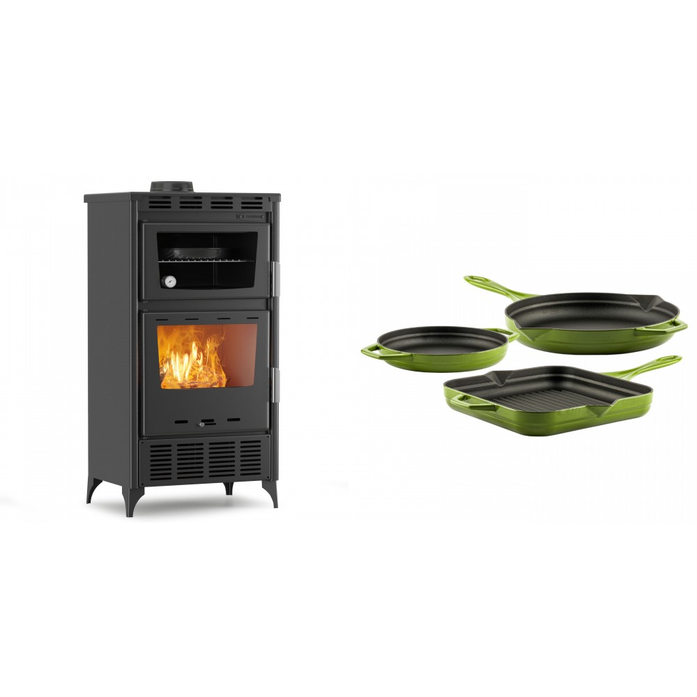 Set Kaminofen, Holzofen mit Backfach Velmora Fire ATS 90-30 ΜΑSΙΝΑ AERO, mit gebläse, 18.23kW + Gusseisen Topf Set aus 3 teilen Solagio, Bamboo