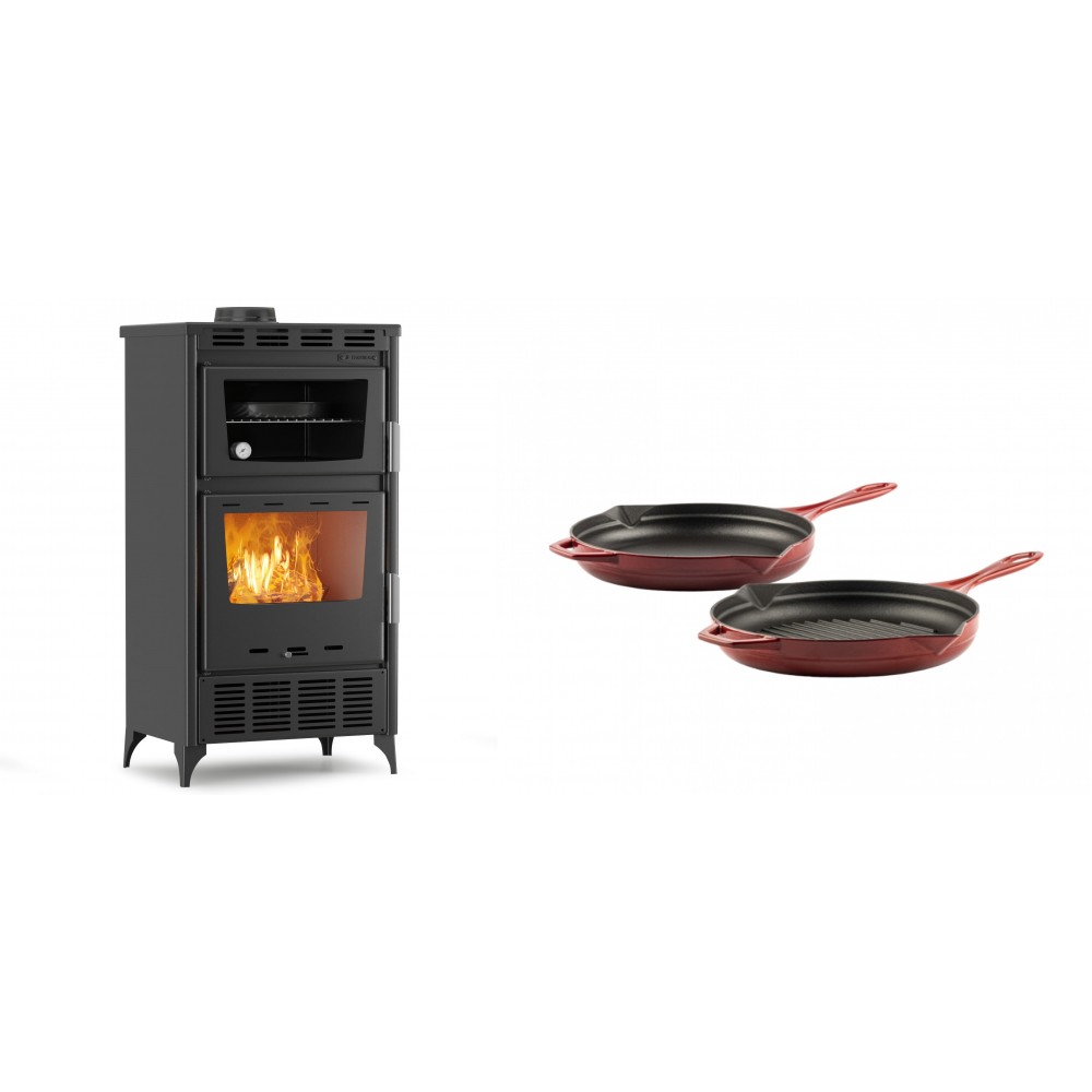 Set Kaminofen, Holzofen mit Backfach Velmora Fire ATS 90-30 ΜΑSΙΝΑ AERO, mit gebläse, 18.23kW + Gusseisen Topf Set aus 2 teilen Solagio, Rubin