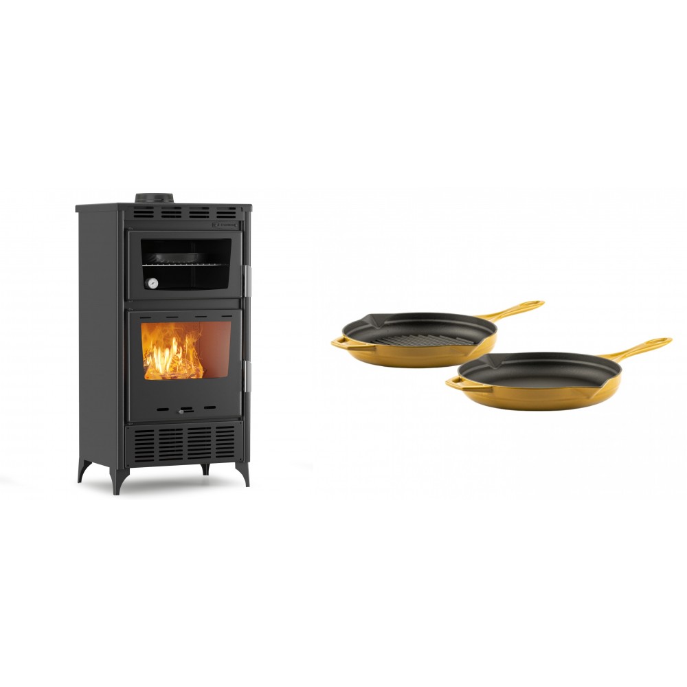 Set Kaminofen, Holzofen mit Backfach Velmora Fire ATS 90-30 ΜΑSΙΝΑ AERO, mit gebläse, 18.23kW + Gusseisen Topf Set aus 2 teilen Solagio, Dijon