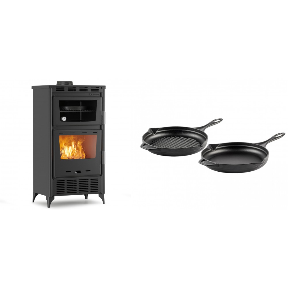 Set Kaminofen, Holzofen mit Backfach Velmora Fire ATS 90-30 ΜΑSΙΝΑ AERO, mit gebläse, 18.23kW + Gusseisen Topf Set aus 2 teilen Solagio, Black Onyx