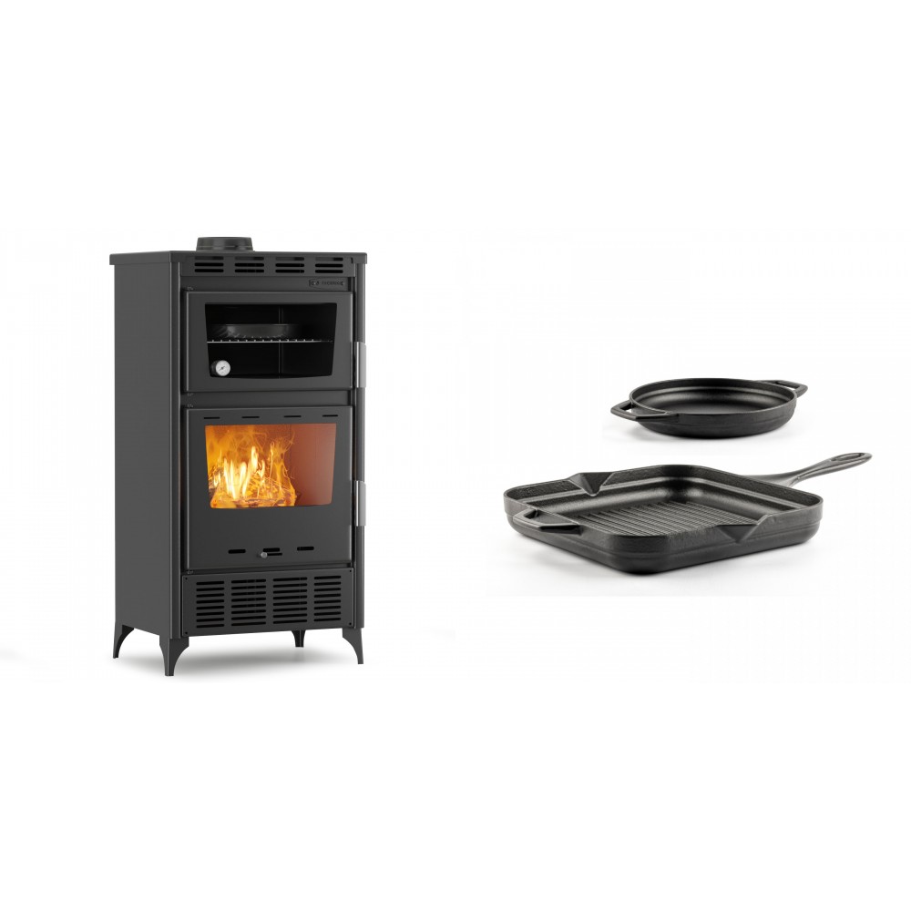 Set Kaminofen, Holzofen mit Backfach Velmora Fire ATS 90-30 ΜΑSΙΝΑ AERO, mit gebläse, 18.23kW + Gusseisen Topf Set aus 2 teilen Solagio, Black Onyx