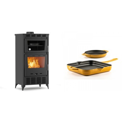 Set Kaminofen, Holzofen mit Backfach Velmora Fire ATS 90-30 ΜΑSΙΝΑ AERO, mit gebläse, 18.23kW + Gusseisen Topf Set aus 2 teilen Solagio, Dijon - Kaminofen - Holzofen mit Backfach