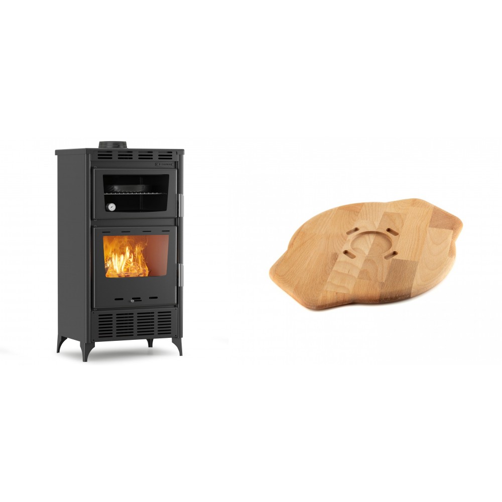 Set Kaminofen, Holzofen mit Backfach Velmora Fire ATS 90-30 ΜΑSΙΝΑ AERO, mit gebläse, 18.23kW + Holz untersetzer für Gusseisenplatte Solagio HSYSAK28 | Holzofen | Kaminofen |