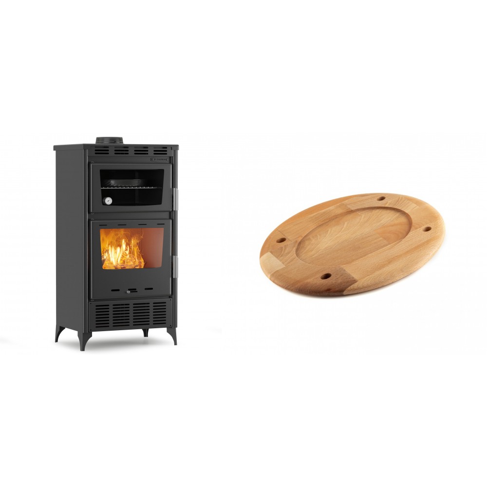 Set Kaminofen, Holzofen mit Backfach Velmora Fire ATS 90-30 ΜΑSΙΝΑ AERO, mit gebläse, 18.23kW + Holz untersetzer für ovale platte Solagio HSOISK2533, 25x33cm | Holzofen | Kaminofen |