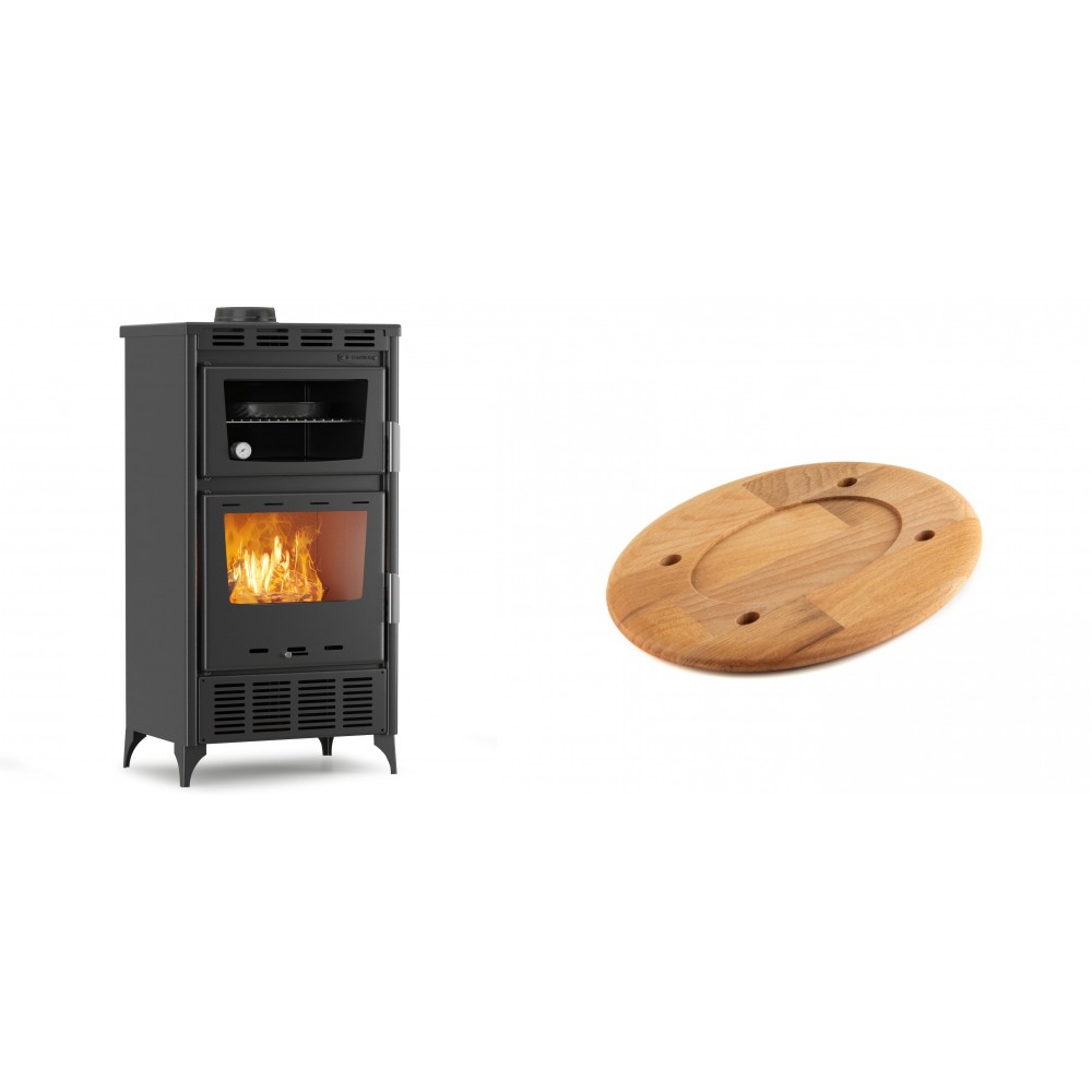 Set Kaminofen, Holzofen mit Backfach Velmora Fire ATS 90-30 ΜΑSΙΝΑ AERO, mit gebläse, 18.23kW + Holz untersetzer für ovale platte Solagio HSOISK1728, 17x28cm