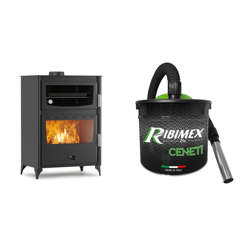Set Kaminofen, Holzofen mit Backfach Velmora Fire ATS 90-50 ΜΑSΙΝΑ, 17.55kW + Elektrischer Aschesauger Ribimex, Modell Cenetì, Fassungsvermögen 15 L