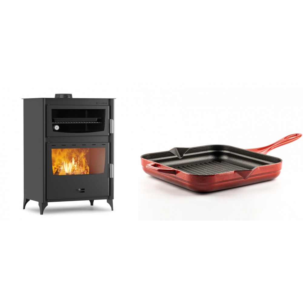 Set Kaminofen, Holzofen mit Backfach Velmora Fire ATS 90-50 ΜΑSΙΝΑ, 17.55kW + Emaillierte grillpfanne Gusseisen Solagio, Rubin, 28x28cm