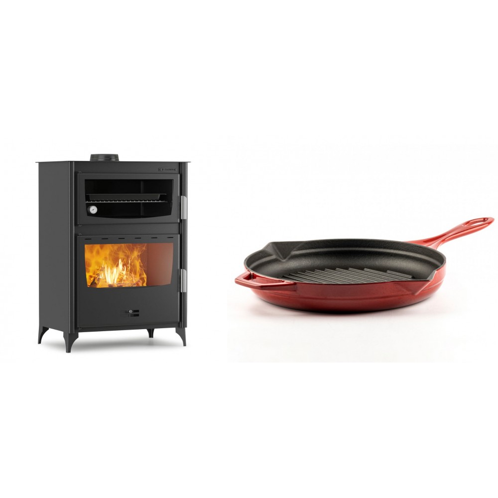 Set Kaminofen, Holzofen mit Backfach Velmora Fire ATS 90-50 ΜΑSΙΝΑ, 17.55kW + Emaillierte grillpfanne Gusseisen Solagio, Rubin, Ф28cm | Holzofen | Kaminofen |