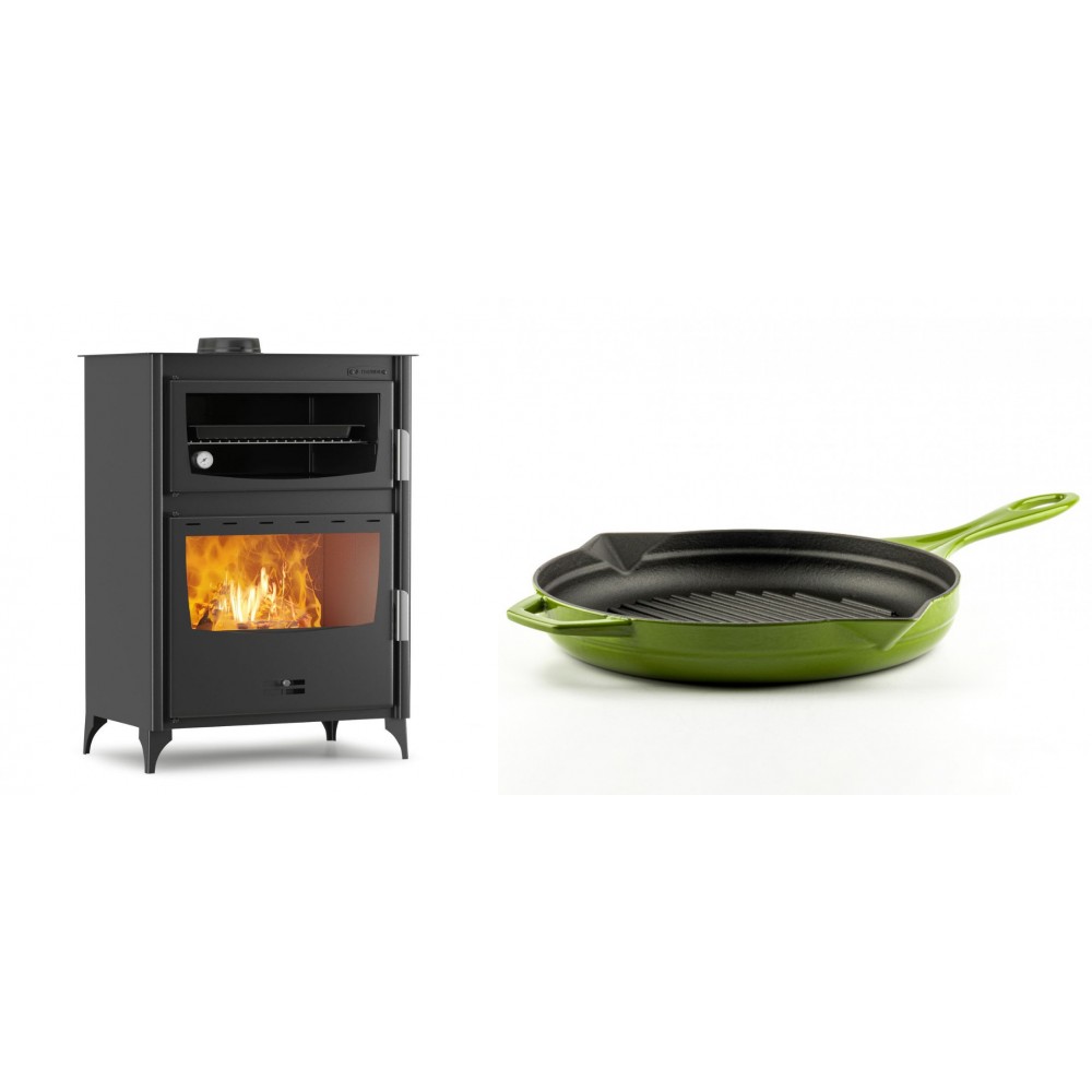 Set Kaminofen, Holzofen mit Backfach Velmora Fire ATS 90-50 ΜΑSΙΝΑ, 17.55kW + Emaillierte grillpfanne Gusseisen Solagio, Bamboo, Ф28cm | Holzofen | Kaminofen |