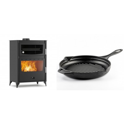 Set Kaminofen, Holzofen mit Backfach Velmora Fire ATS 90-50 ΜΑSΙΝΑ, 17.55kW + Emaillierte grillpfanne Gusseisen Solagio, Black Onyx, Ф28cm - Kaminofen - Holzofen mit Backfach