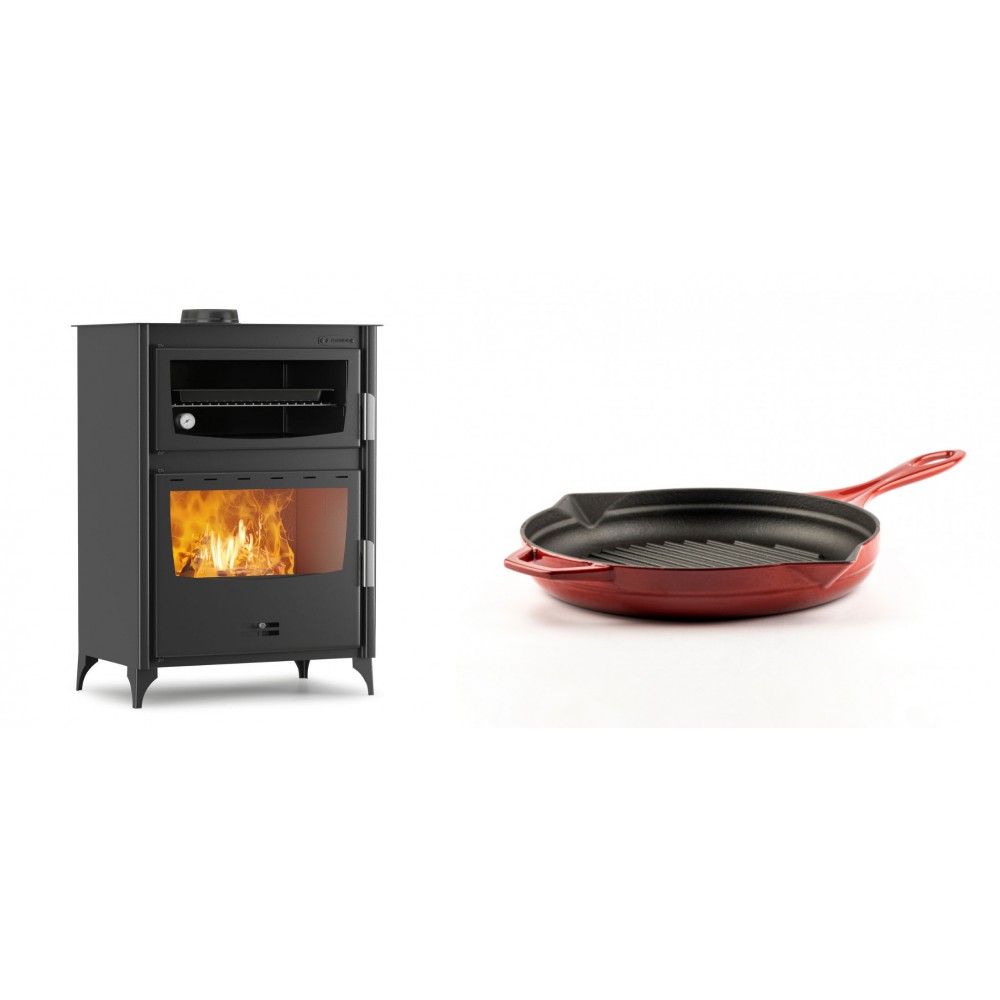 Set Kaminofen, Holzofen mit Backfach Velmora Fire ATS 90-50 ΜΑSΙΝΑ, 17.55kW + Emaillierte grillpfanne Gusseisen Solagio, Rubin, Ф24cm