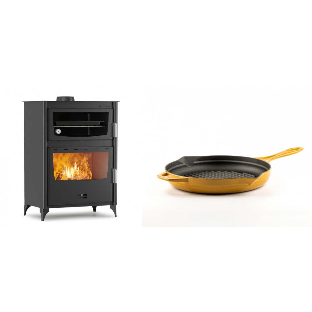 Set Kaminofen, Holzofen mit Backfach Velmora Fire ATS 90-50 ΜΑSΙΝΑ, 17.55kW + Emaillierte grillpfanne Gusseisen Solagio, Dijon, Ф24cm
