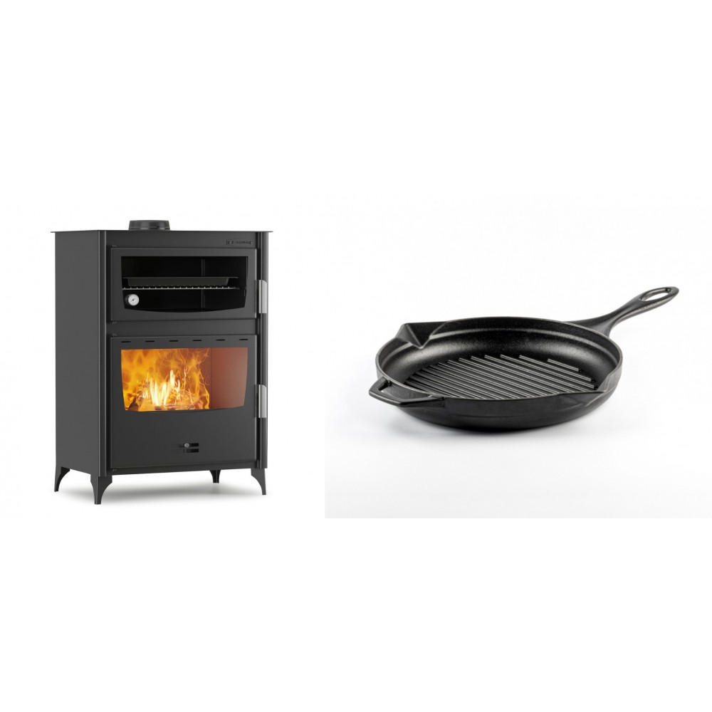 Set Kaminofen, Holzofen mit Backfach Velmora Fire ATS 90-50 ΜΑSΙΝΑ, 17.55kW + Emaillierte grillpfanne Gusseisen Solagio, Black Onyx, Ф24cm | Holzofen | Kaminofen |