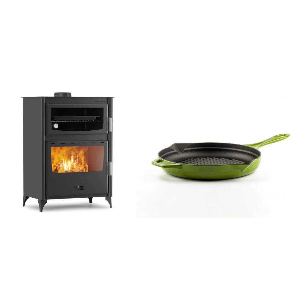 Set Kaminofen, Holzofen mit Backfach Velmora Fire ATS 90-50 ΜΑSΙΝΑ, 17.55kW + Emaillierte grillpfanne Gusseisen Solagio, Bamboo, Ф24cm
