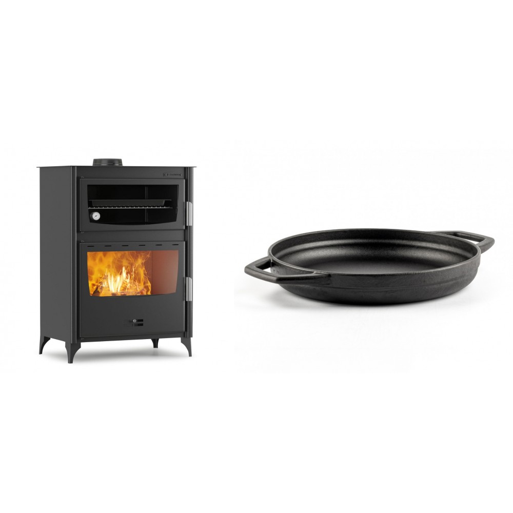 Set Kaminofen, Holzofen mit Backfach Velmora Fire ATS 90-50 ΜΑSΙΝΑ, 17.55kW + Emaillierte gusseisenpfanne mit zwei Griffen Solagio, Black Onyx, Ф22cm | Holzofen | Kaminofen |
