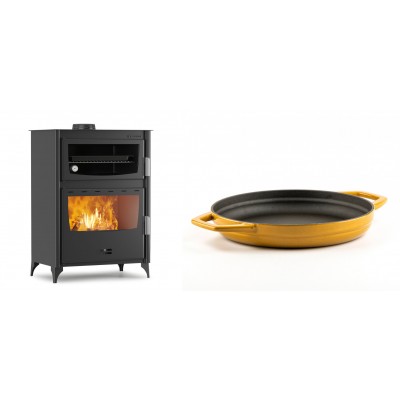 Set Kaminofen, Holzofen mit Backfach Velmora Fire ATS 90-50 ΜΑSΙΝΑ, 17.55kW + Emaillierte gusseisenpfanne mit zwei Griffen Solagio, Dijon, Ф22cm - Kaminofen - Holzofen mit Backfach