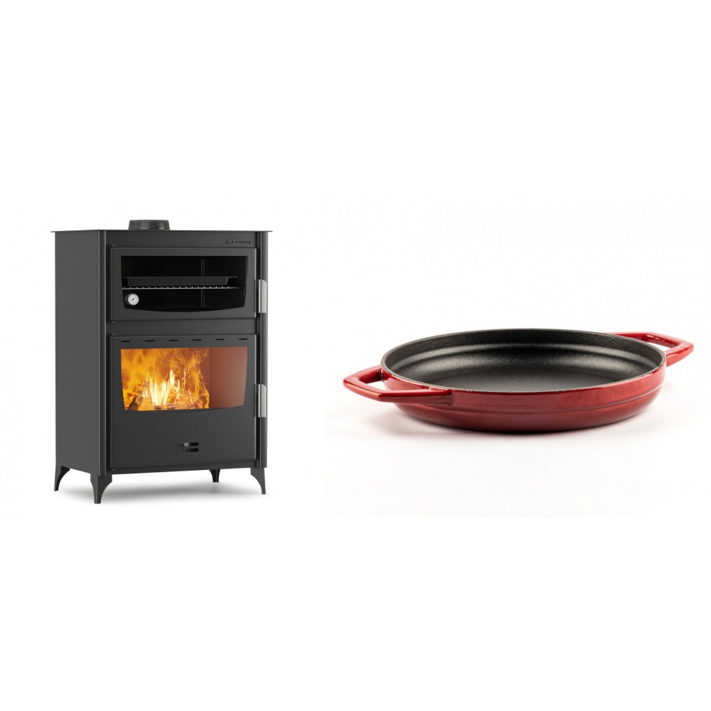 Set Kaminofen, Holzofen mit Backfach Velmora Fire ATS 90-50 ΜΑSΙΝΑ, 17.55kW + Emaillierte gusseisenpfanne mit zwei Griffen Solagio, Rubin, Ф22cm
