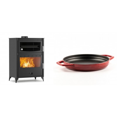 Set Kaminofen, Holzofen mit Backfach Velmora Fire ATS 90-50 ΜΑSΙΝΑ, 17.55kW + Emaillierte gusseisenpfanne mit zwei Griffen Solagio, Rubin, Ф22cm - Kaminofen - Holzofen mit Backfach