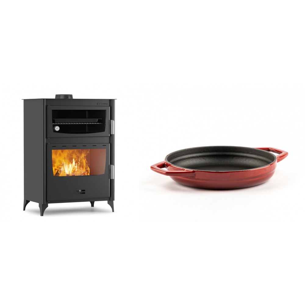 Set Kaminofen, Holzofen mit Backfach Velmora Fire ATS 90-50 ΜΑSΙΝΑ, 17.55kW + Emaillierte gusseisenpfanne mit zwei Griffen Solagio, Rubin, Ф19cm