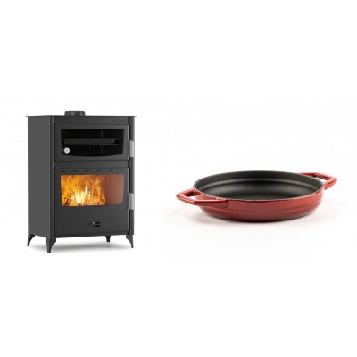 Set Kaminofen, Holzofen mit Backfach Velmora Fire ATS 90-50 ΜΑSΙΝΑ, 17.55kW + Emaillierte gusseisenpfanne mit zwei Griffen Solagio, Rubin, Ф19cm - Kaminofen - Holzofen mit Backfach