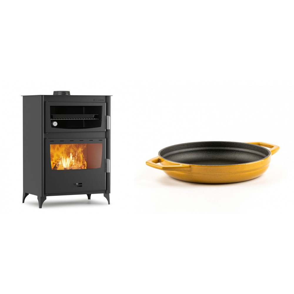 Set Kaminofen, Holzofen mit Backfach Velmora Fire ATS 90-50 ΜΑSΙΝΑ, 17.55kW + Emaillierte gusseisenpfanne mit zwei Griffen Solagio, Dijon, Ф19cm | Holzofen | Kaminofen |