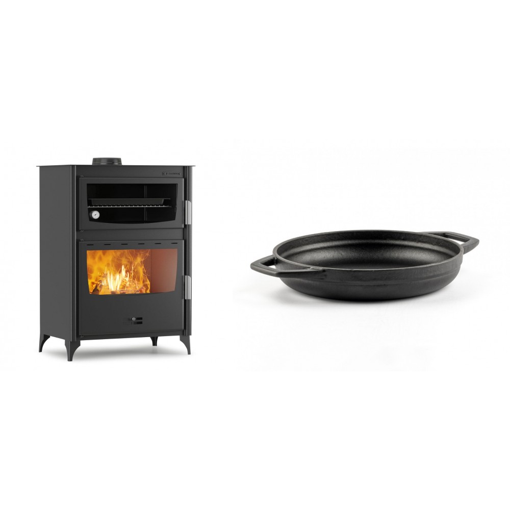Set Kaminofen, Holzofen mit Backfach Velmora Fire ATS 90-50 ΜΑSΙΝΑ, 17.55kW + Emaillierte gusseisenpfanne mit zwei Griffen Solagio, Black Onyx, Ф19cm