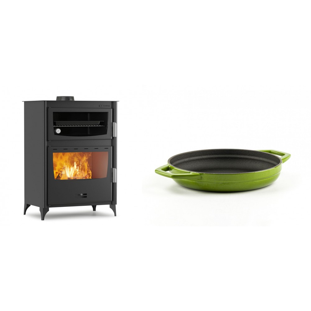 Set Kaminofen, Holzofen mit Backfach Velmora Fire ATS 90-50 ΜΑSΙΝΑ, 17.55kW + Emaillierte gusseisenpfanne mit zwei Griffen Solagio, Bamboo, Ф19cm | Holzofen | Kaminofen |