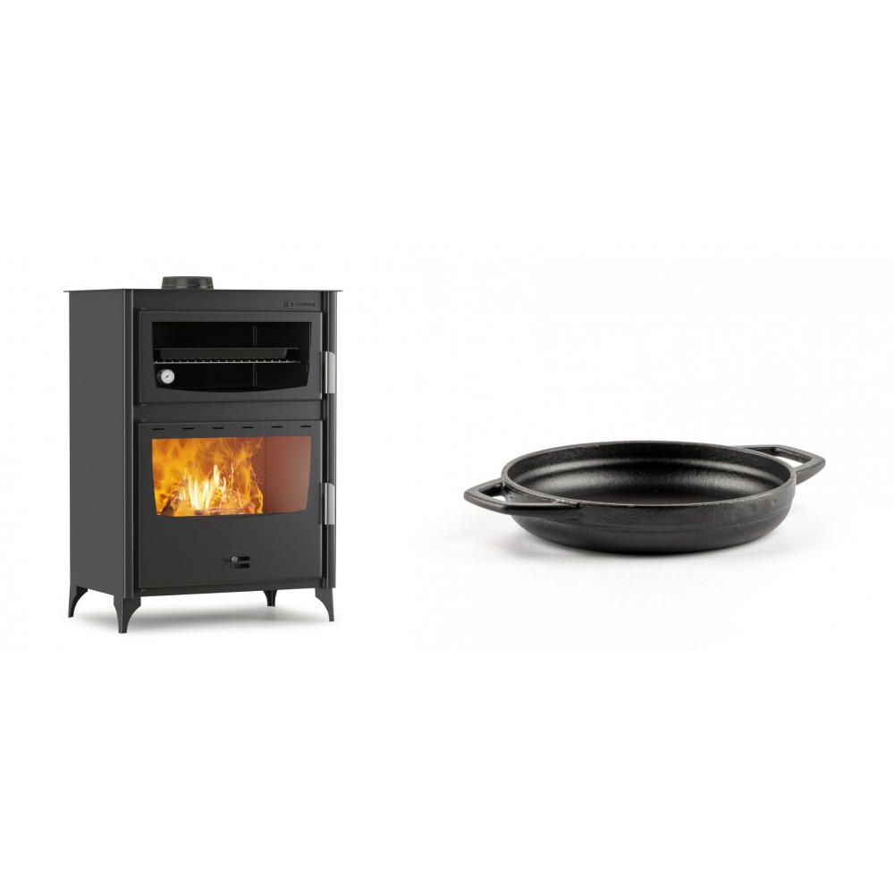 Set Kaminofen, Holzofen mit Backfach Velmora Fire ATS 90-50 ΜΑSΙΝΑ, 17.55kW + Emaillierte gusseisenpfanne mit zwei Griffen Solagio, Black Onyx, Ф16cm | Holzofen | Kaminofen |