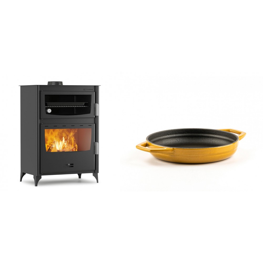 Set Kaminofen, Holzofen mit Backfach Velmora Fire ATS 90-50 ΜΑSΙΝΑ, 17.55kW + Emaillierte gusseisenpfanne mit zwei Griffen Solagio, Dijon, Ф16cm