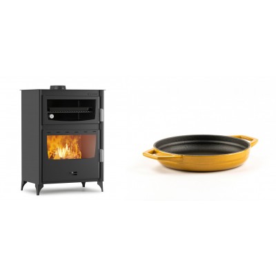 Set Kaminofen, Holzofen mit Backfach Velmora Fire ATS 90-50 ΜΑSΙΝΑ, 17.55kW + Emaillierte gusseisenpfanne mit zwei Griffen Solagio, Dijon, Ф16cm - Kaminofen - Holzofen mit Backfach