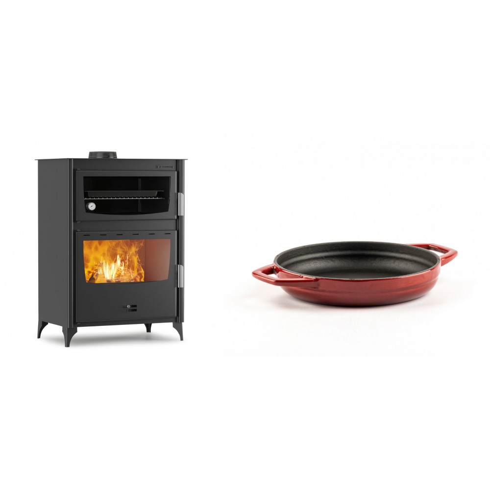 Set Kaminofen, Holzofen mit Backfach Velmora Fire ATS 90-50 ΜΑSΙΝΑ, 17.55kW + Emaillierte gusseisenpfanne mit zwei Griffen Solagio, Rubin, Ф16cm