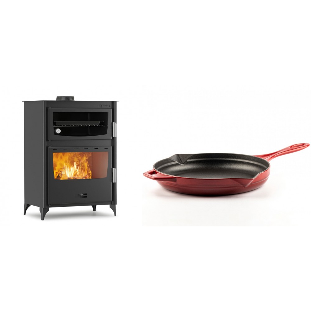 Set Kaminofen, Holzofen mit Backfach Velmora Fire ATS 90-50 ΜΑSΙΝΑ, 17.55kW + Emaillierte Gusseisenpfanne Solagio, Rubin, Ф28cm