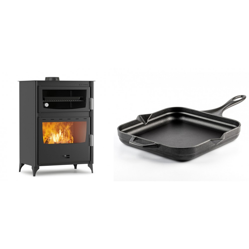 Set Kaminofen, Holzofen mit Backfach Velmora Fire ATS 90-50 ΜΑSΙΝΑ, 17.55kW + Emaillierte Gusseisenpfanne Solagio, Black Onyx, 28x28cm | Holzofen | Kaminofen |