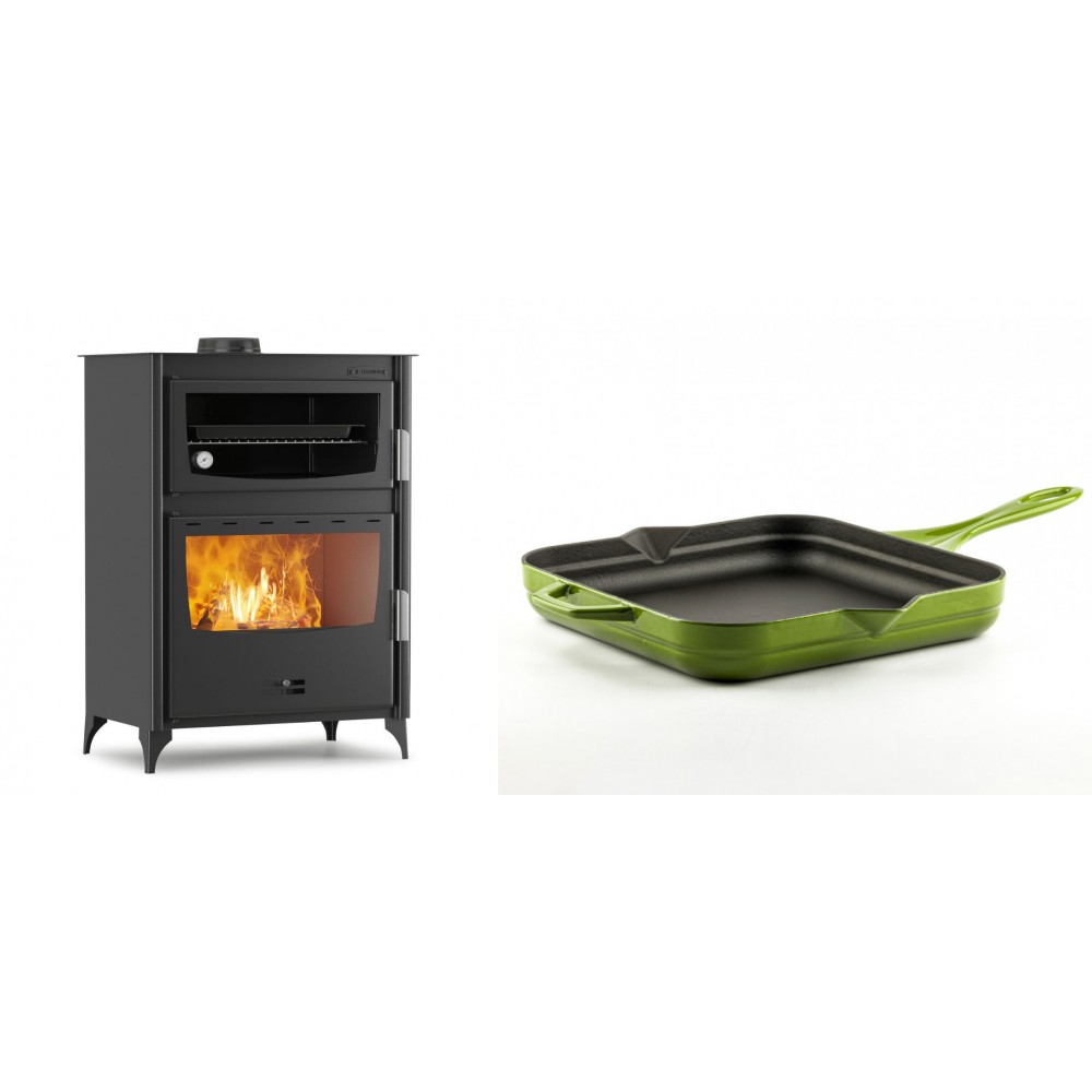 Set Kaminofen, Holzofen mit Backfach Velmora Fire ATS 90-50 ΜΑSΙΝΑ, 17.55kW + Emaillierte Gusseisenpfanne Solagio, Bamboo, 28x28cm