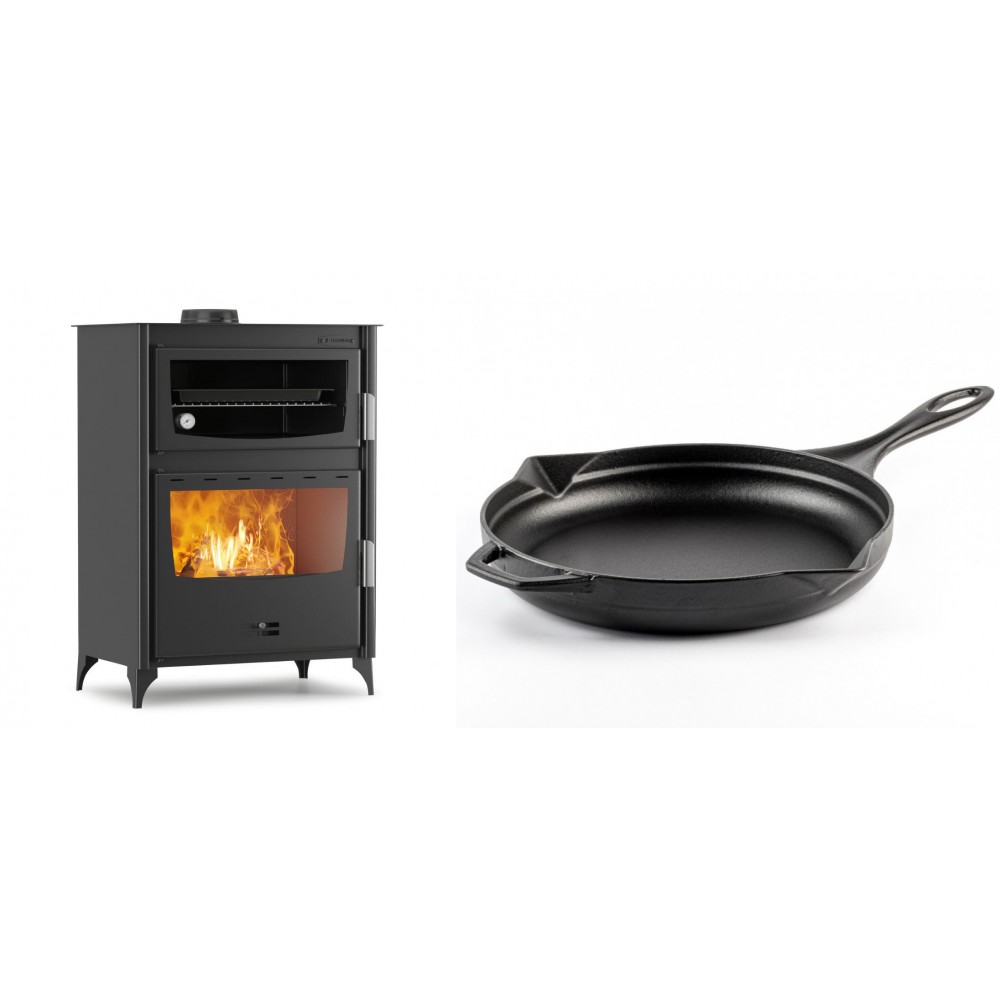 Set Kaminofen, Holzofen mit Backfach Velmora Fire ATS 90-50 ΜΑSΙΝΑ, 17.55kW + Emaillierte Gusseisenpfanne Solagio, Black Onyx, Ф28cm | Holzofen | Kaminofen |
