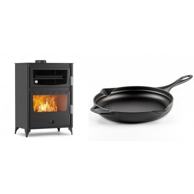 Set Kaminofen, Holzofen mit Backfach Velmora Fire ATS 90-50 ΜΑSΙΝΑ, 17.55kW + Emaillierte Gusseisenpfanne Solagio, Black Onyx, Ф28cm - Kaminofen - Holzofen mit Backfach