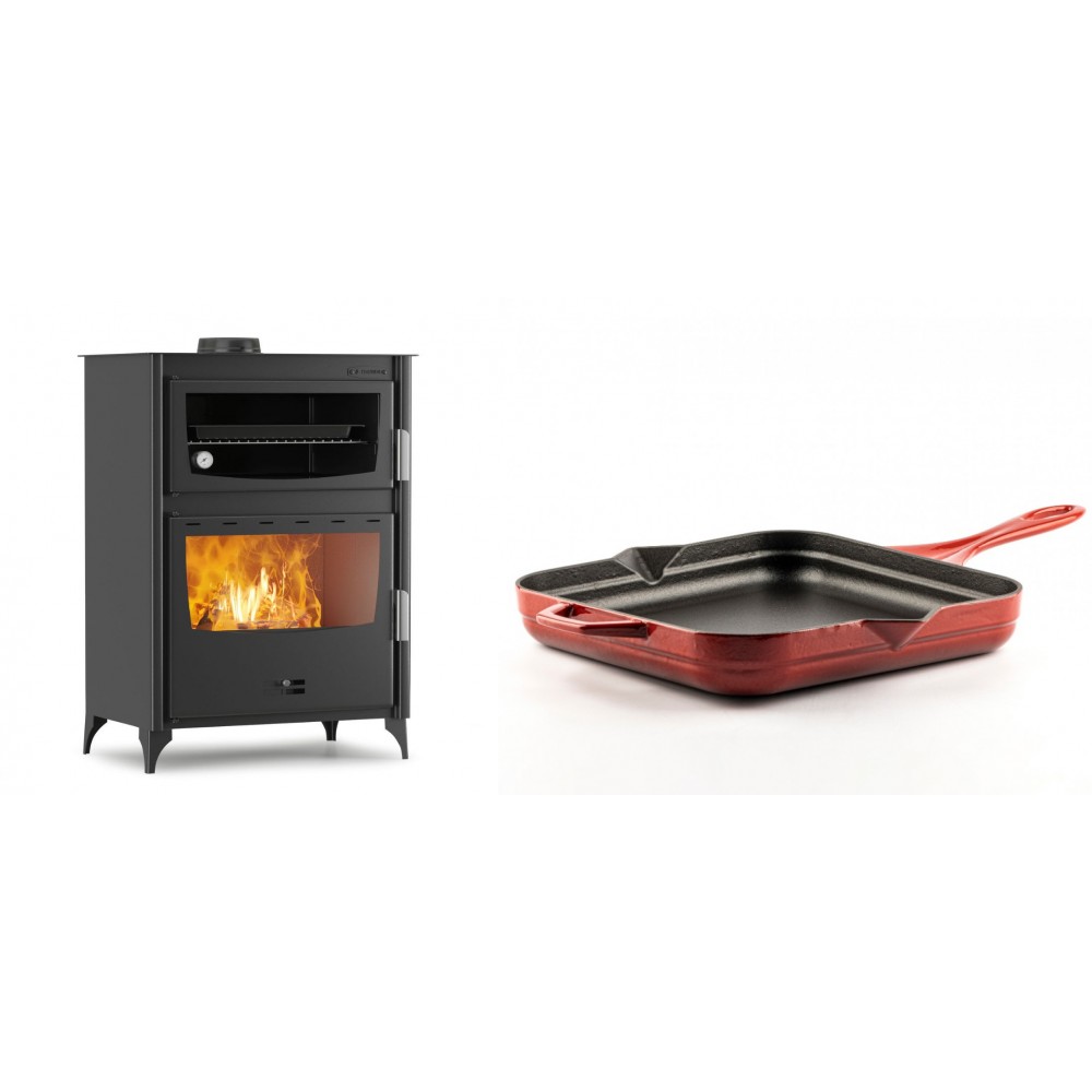 Set Kaminofen, Holzofen mit Backfach Velmora Fire ATS 90-50 ΜΑSΙΝΑ, 17.55kW + Emaillierte Gusseisenpfanne Solagio, Rubin, 28x28cm