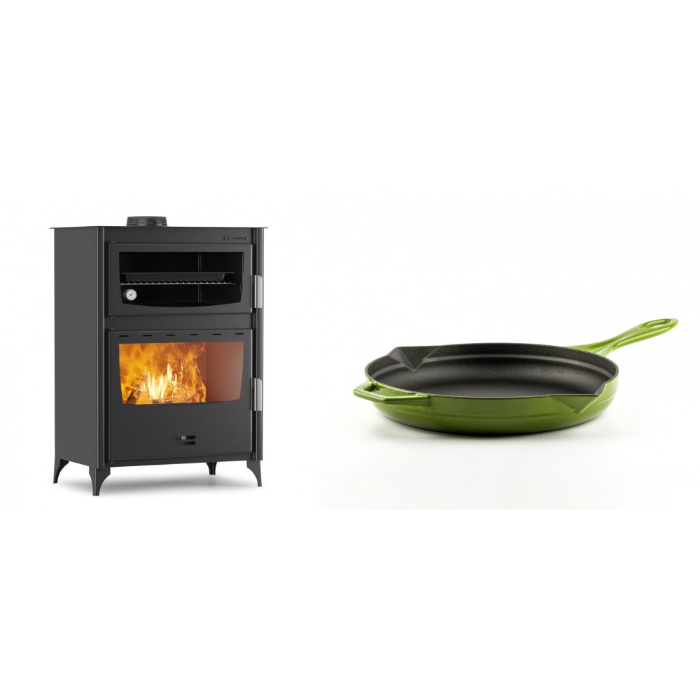Set Kaminofen, Holzofen mit Backfach Velmora Fire ATS 90-50 ΜΑSΙΝΑ, 17.55kW + Emaillierte Gusseisenpfanne Solagio, Bamboo, Ф24cm