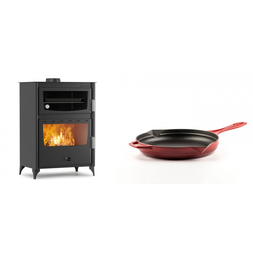 Set Kaminofen, Holzofen mit Backfach Velmora Fire ATS 90-50 ΜΑSΙΝΑ, 17.55kW + Emaillierte Gusseisenpfanne Solagio, Rubin, Ф24cm
