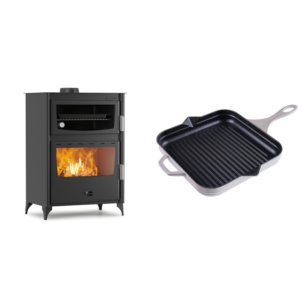 Set Kaminofen, Holzofen mit Backfach Velmora Fire ATS 90-50 ΜΑSΙΝΑ, 17.55kW + Emaillierte grillpfanne Gusseisen Solagio, Ivory, 28x28cm