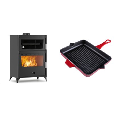 Set Kaminofen, Holzofen mit Backfach Velmora Fire ATS 90-50 ΜΑSΙΝΑ, 17.55kW + Emaillierte grillpfanne Gusseisen Solagio, Rubin, 26x32cm - Kaminofen - Holzofen mit Backfach