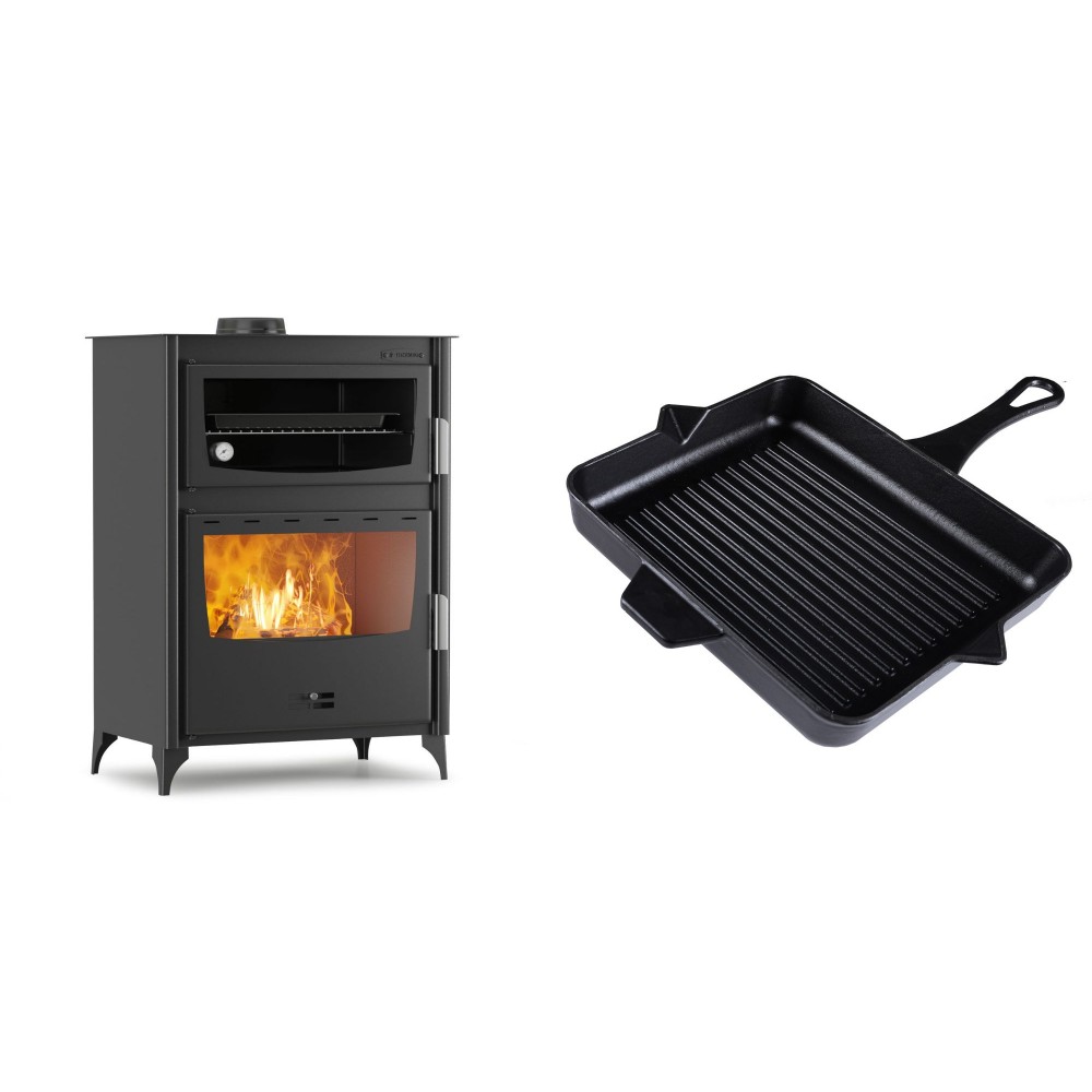 Set Kaminofen, Holzofen mit Backfach Velmora Fire ATS 90-50 ΜΑSΙΝΑ, 17.55kW + Emaillierte grillpfanne Gusseisen Solagio, Black Onyx, 26x32cm | Holzofen | Kaminofen |