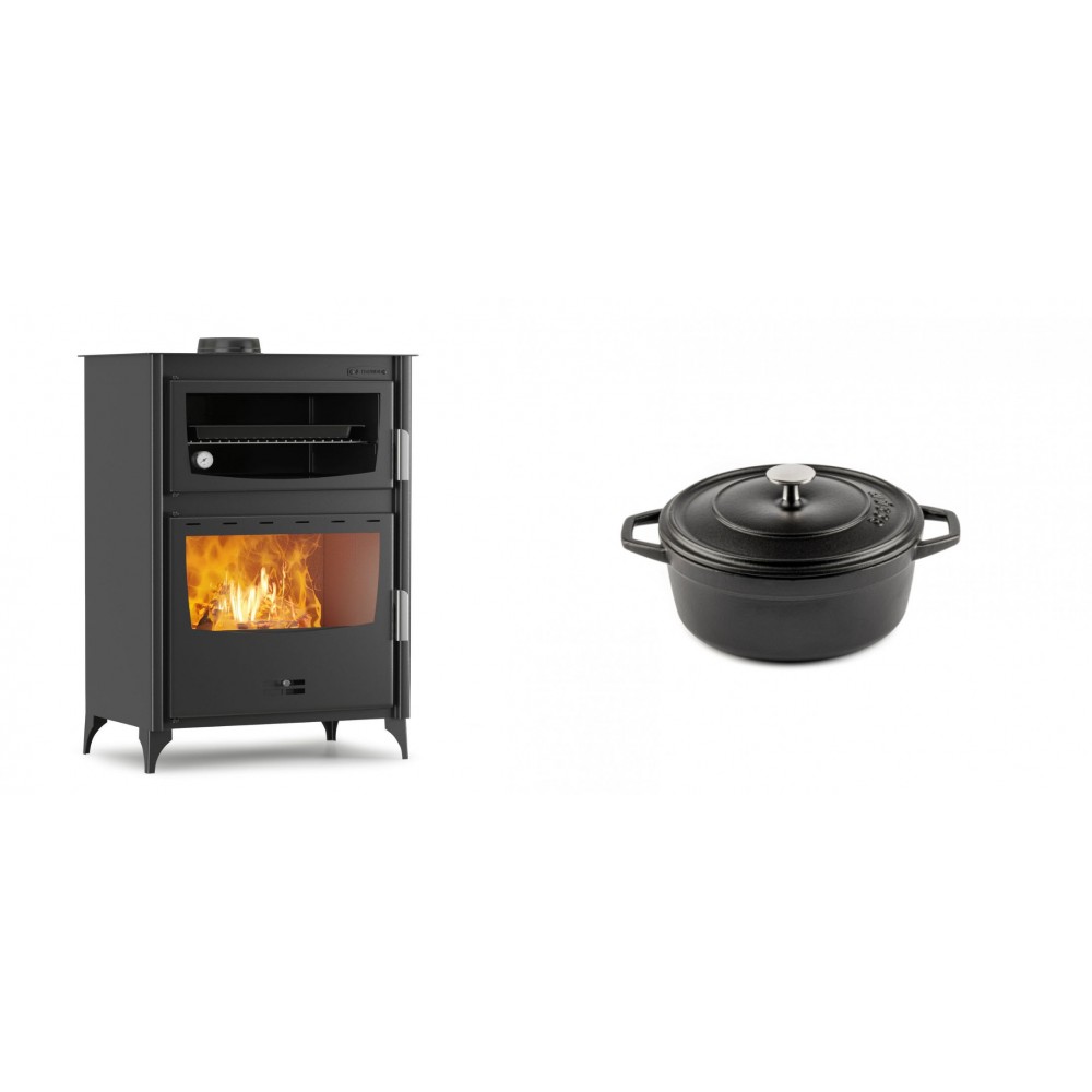 Set Kaminofen, Holzofen mit Backfach Velmora Fire ATS 90-50 ΜΑSΙΝΑ, 17.55kW + Gusseisen Topf Tiefer Solagio, Black Onyx, Ф12 | Holzofen | Kaminofen |