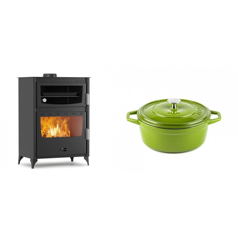 Set Kaminofen, Holzofen mit Backfach Velmora Fire ATS 90-50 ΜΑSΙΝΑ, 17.55kW + Gusseisen Topf Tiefer Solagio, Bamboo, Ф20 | Holzofen | Kaminofen |