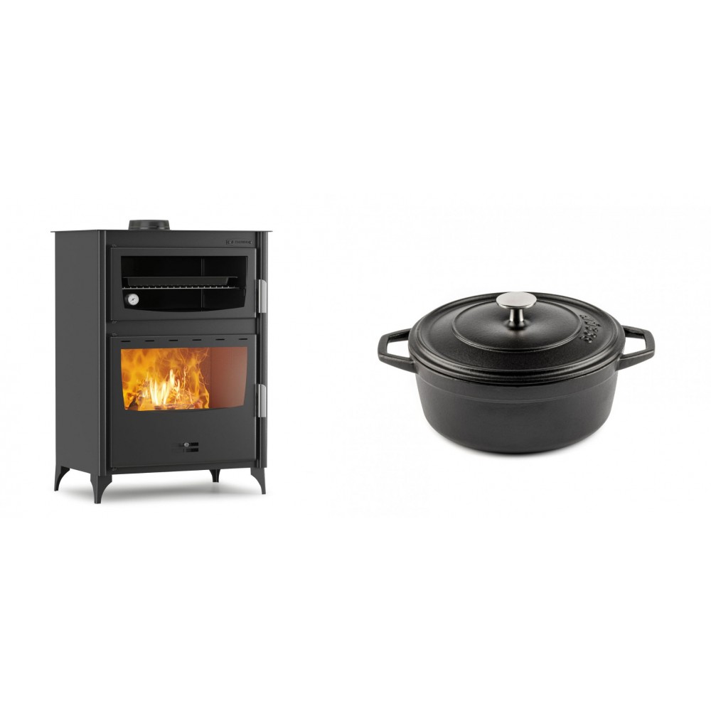 Set Kaminofen, Holzofen mit Backfach Velmora Fire ATS 90-50 ΜΑSΙΝΑ, 17.55kW + Gusseisen Topf Tiefer Solagio, Black Onyx, Ф20 | Holzofen | Kaminofen |