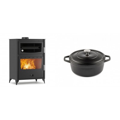 Set Kaminofen, Holzofen mit Backfach Velmora Fire ATS 90-50 ΜΑSΙΝΑ, 17.55kW + Gusseisen Topf Tiefer Solagio, Black Onyx, Ф20 - Kaminofen - Holzofen mit Backfach