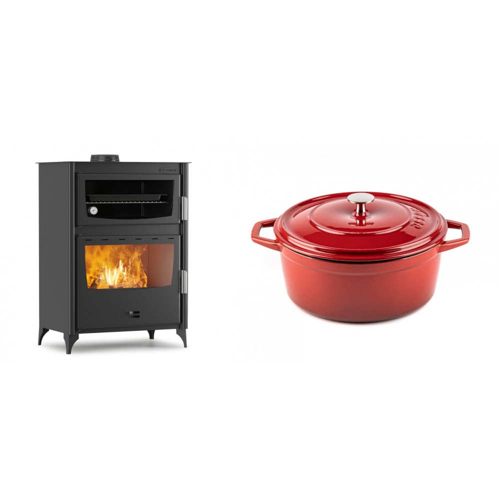 Set Kaminofen, Holzofen mit Backfach Velmora Fire ATS 90-50 ΜΑSΙΝΑ, 17.55kW + Gusseisen Topf Tiefer Solagio, Rubin, Ф24