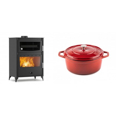 Set Kaminofen, Holzofen mit Backfach Velmora Fire ATS 90-50 ΜΑSΙΝΑ, 17.55kW + Gusseisen Topf Tiefer Solagio, Rubin, Ф24 - Kaminofen - Holzofen mit Backfach