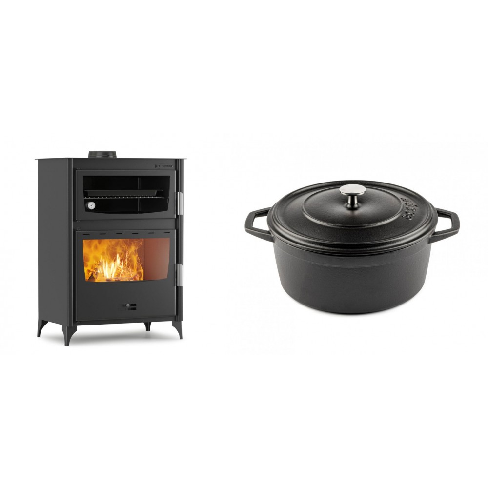 Set Kaminofen, Holzofen mit Backfach Velmora Fire ATS 90-50 ΜΑSΙΝΑ, 17.55kW + Gusseisen Topf Tiefer Solagio, Black Onyx, Ф24 | Holzofen | Kaminofen |